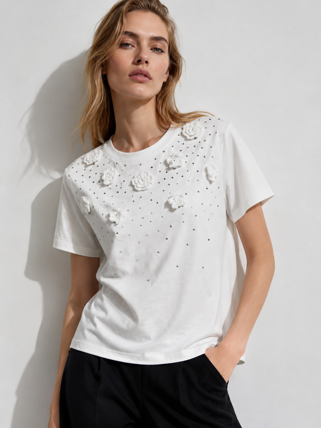 Summer White Tee with 3D Crochet Flowers and Rhinestones Short Sleeve Top M-40142-7