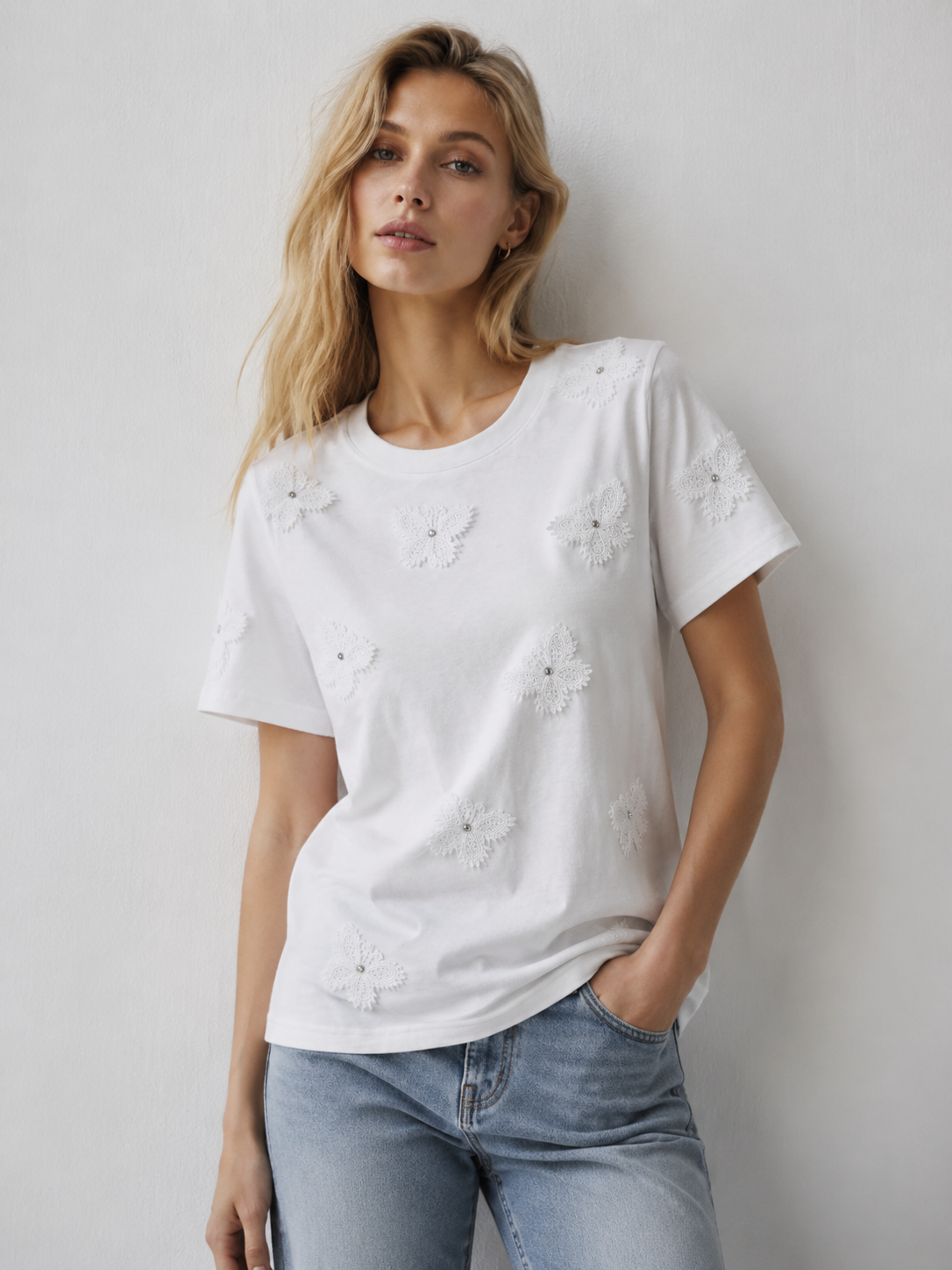 Women's White Floral Lace Applique Embellished T-Shirt Short Sleeve Casual Summer Top M-40196-3