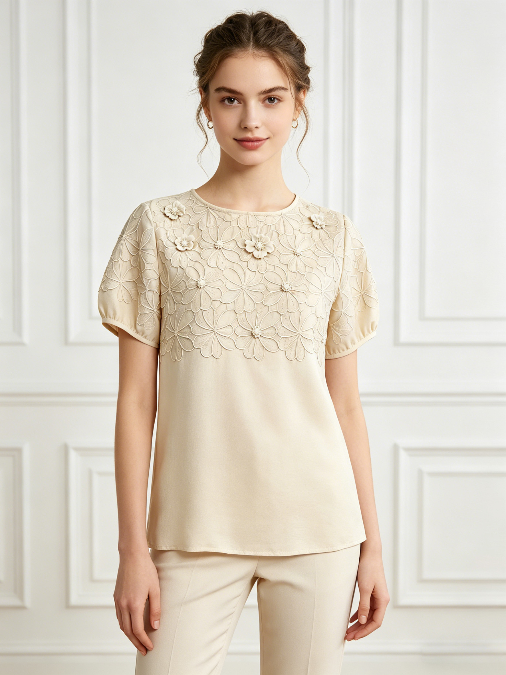 Summer Floral Embroidered Short Sleeve Top W-42661
