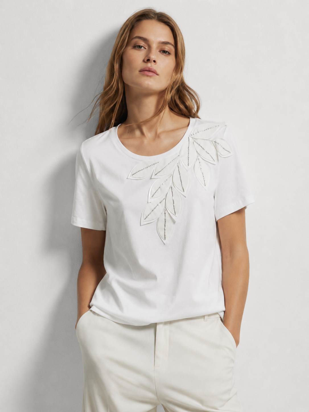 Women's Silver Beaded Floral Leaf Patchwork Short Sleeve Cotton Tee M-40524-2