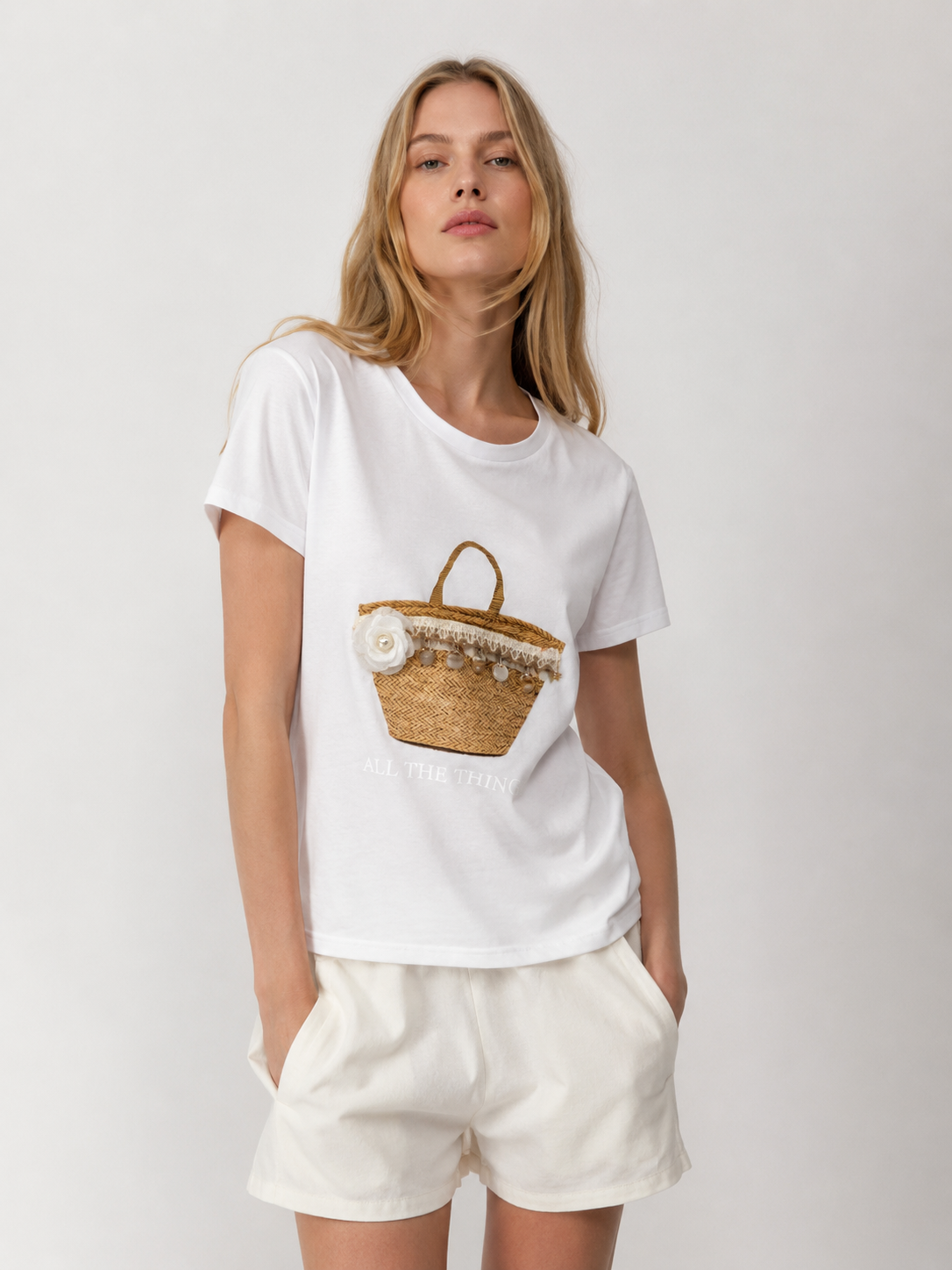 Women's Cute Straw Basket Embroidered Charm T-Shirt Casual Summer Blouse M-42129-10