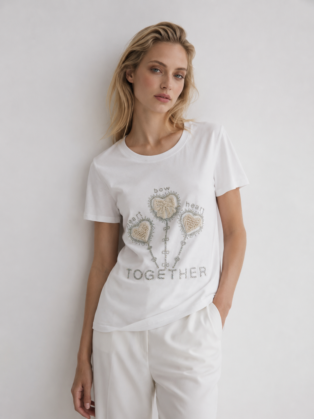 Women's Cute Rhinestone Heart Key Embellished Graphic T-Shirt Summer Top M-42130