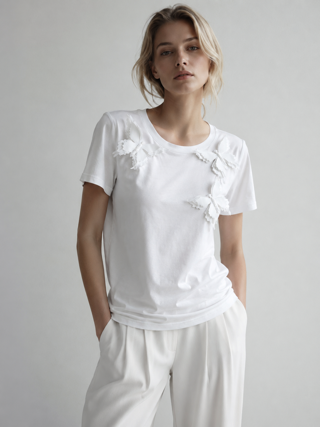  Women's 3D White Butterfly Applique Pearl Beaded Summer T-Shirt M-42130-6