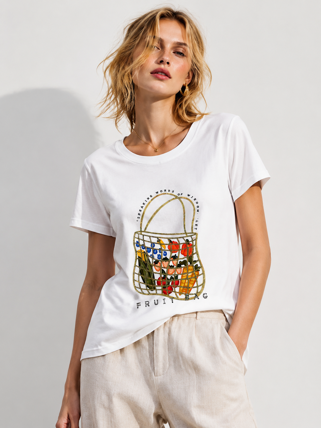 Women's Resort Fruit Basket Print Tee Glitter Outline Casual Summer T-Shirt M-42131-8