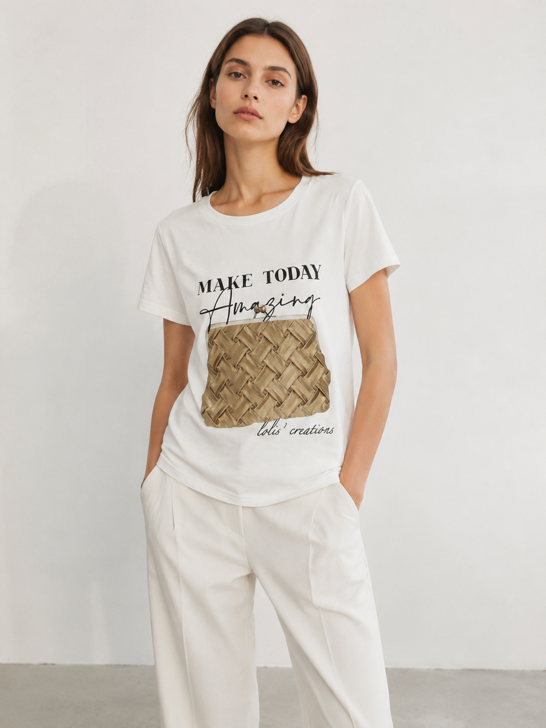  Women's Woven Tote Bag Print Shirt Cute Pearl Charm Slogan Summer T-Shirt M-42131-9