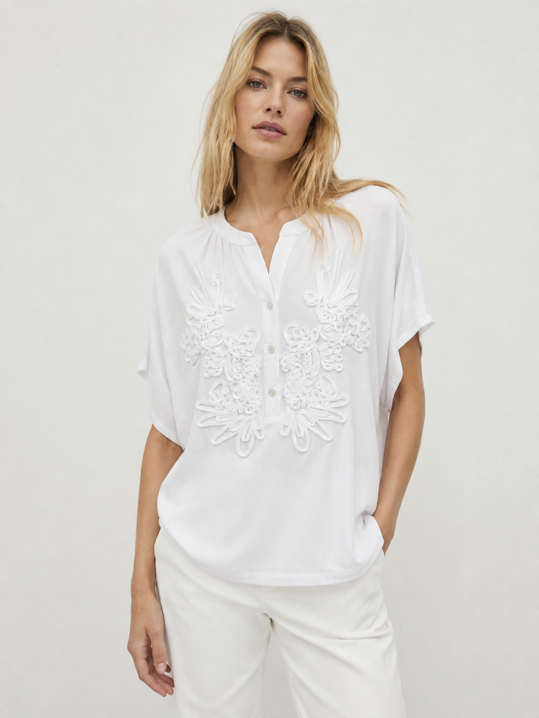 Women's 3D Floral Cord Embroidered Henley Blouse Casual Loose Fit White Top M-42164