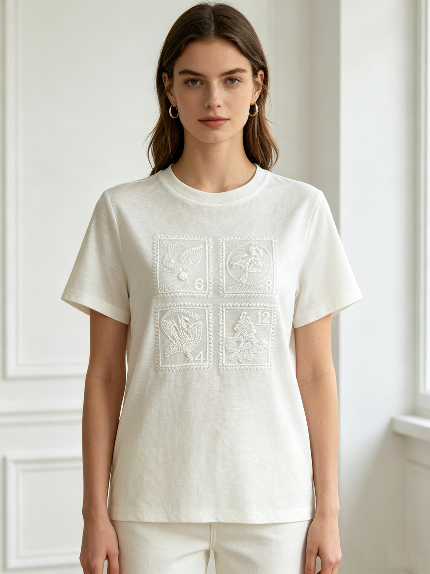 Women’s Crew Neck Textured Embroidered Tee W-42792