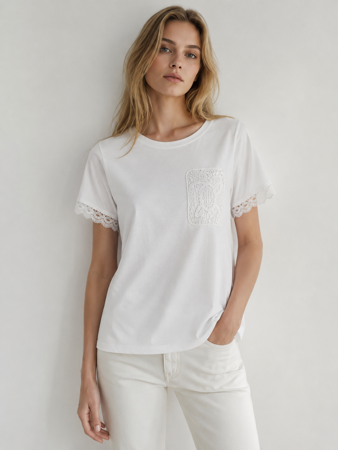 Elegant Tone-on-Tone Lace Applique Pocket Blouse with Crochet Detail Sleeve Trim M-42165