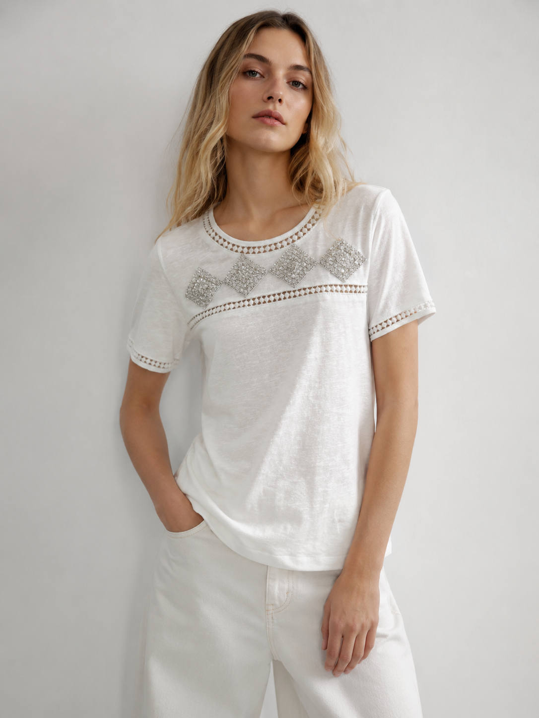 Luxury Embellished Silver Sequin Slub Top Hollow Out Detail Summer Tee M-42175