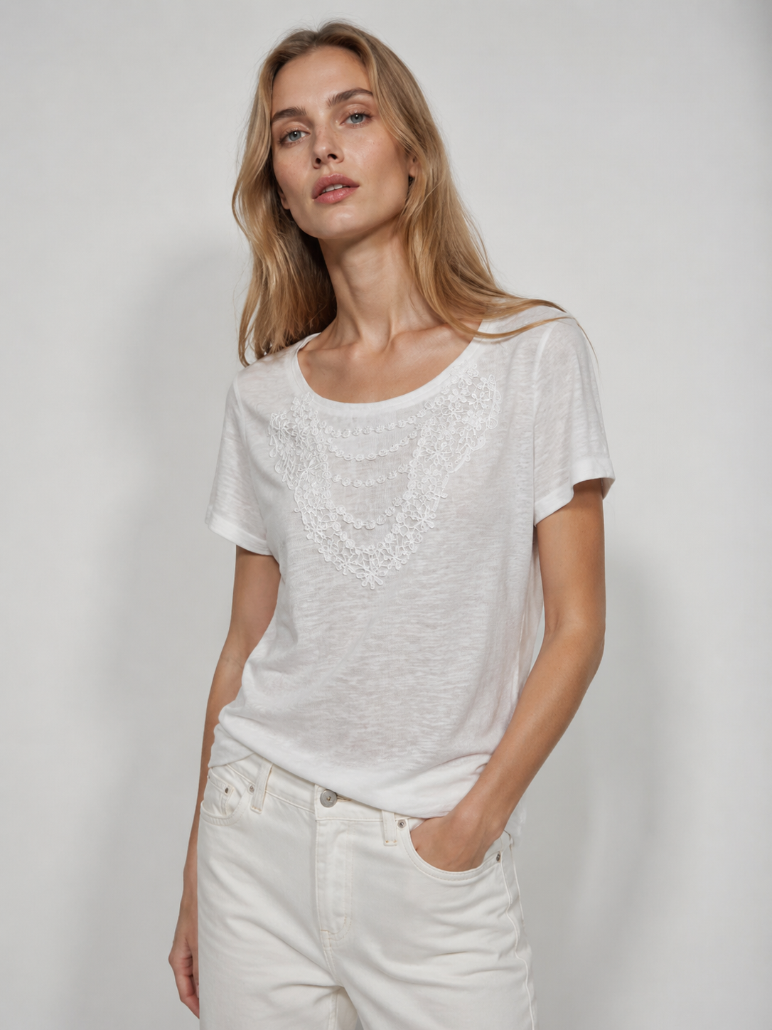 Romantic Boho White Slub Tee Featuring Delicate Lace Patchwork Summer Top M-42240