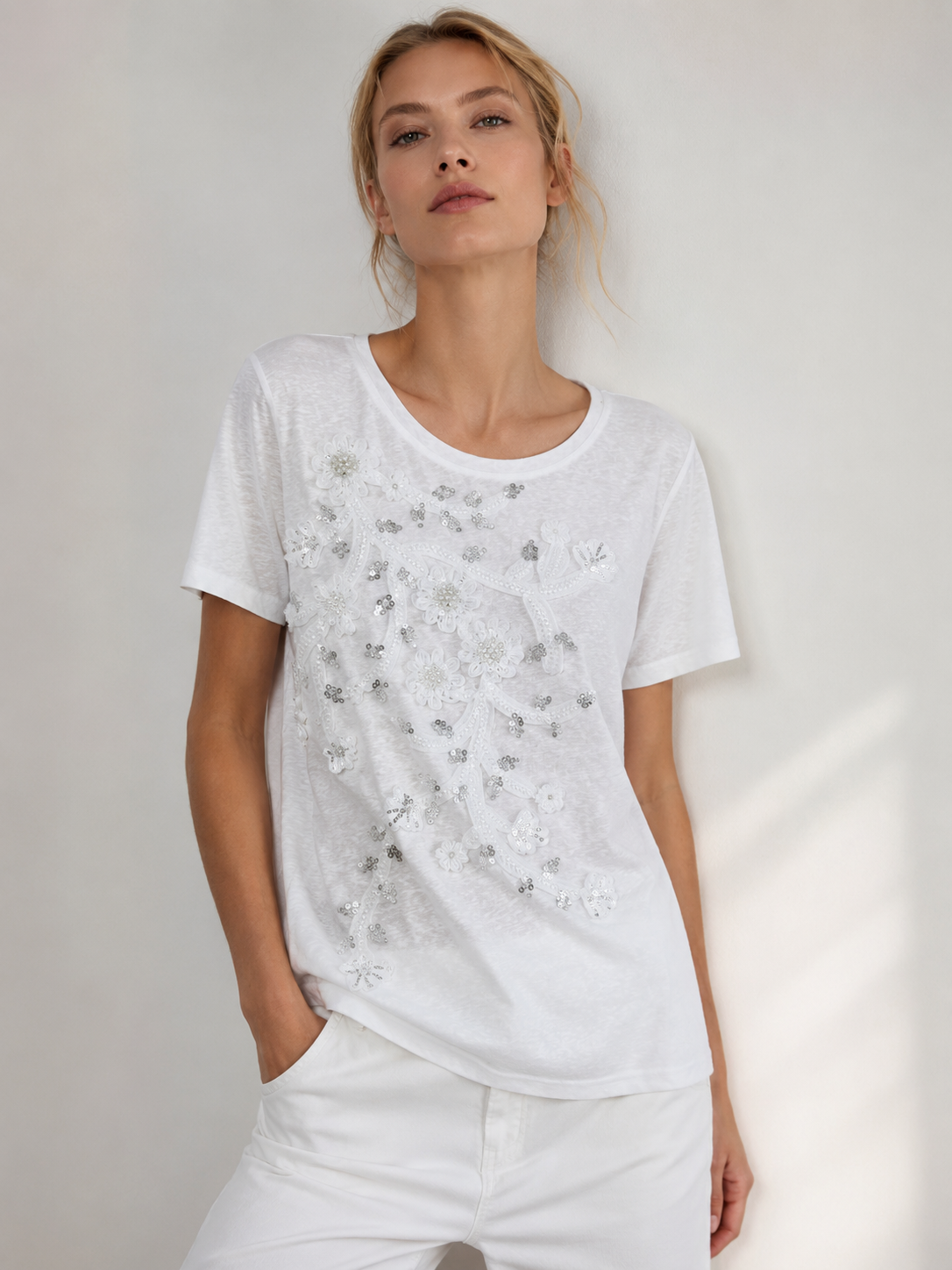 Heavy Sequin 3D Flower Embellished White Slub Tee for Ladies M-42284