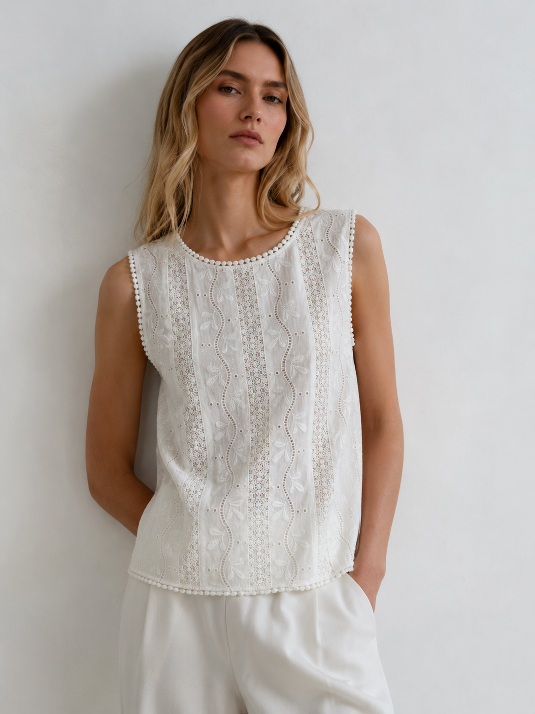 Heavy Lace Insert Sleeveless Top Victorian Inspired White Eyelet Summer Blouse P-27090