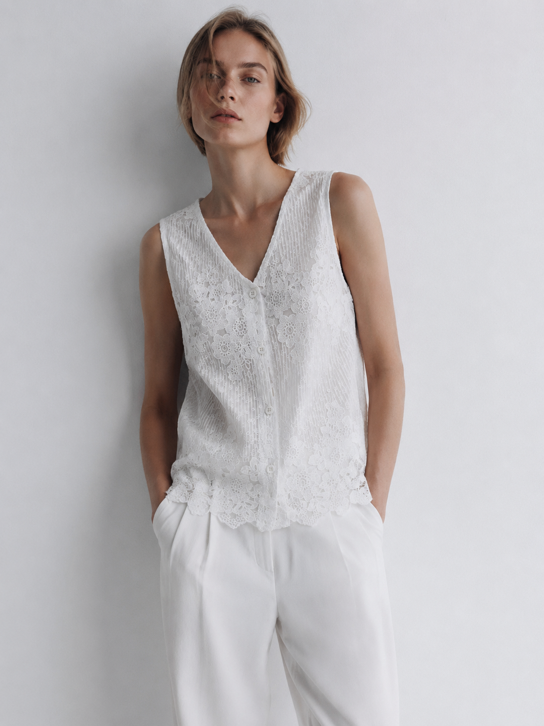 Vintage Inspired Floral Embroidery Lace Top V-Neck Button Front Sleeveless Shirt W-26414