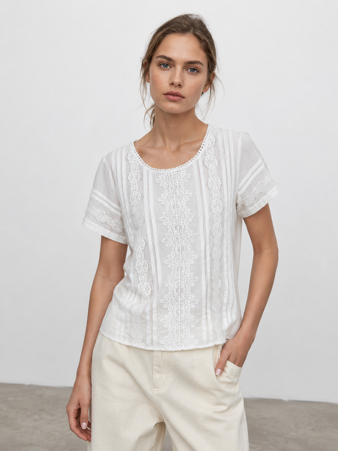 Wholesale Vintage Pin-tuck Lace Blouse Broderie Anglaise Summer Shirt Top W-26558
