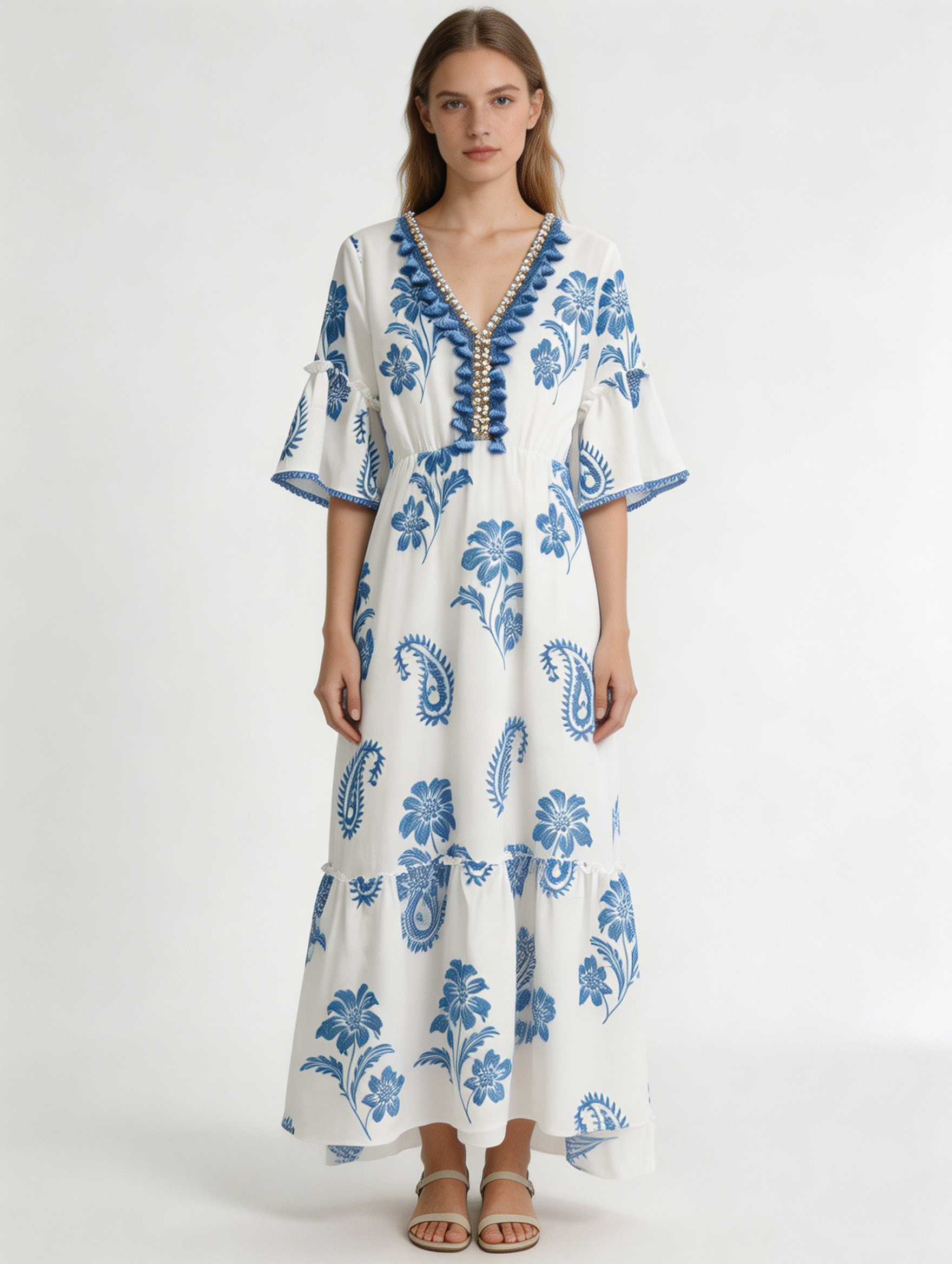 White & Blue Paisley Floral Print Boho Maxi Dress with Beaded Tassel V-Neck – Cotton Linen Resort Beach Wear W-42665
