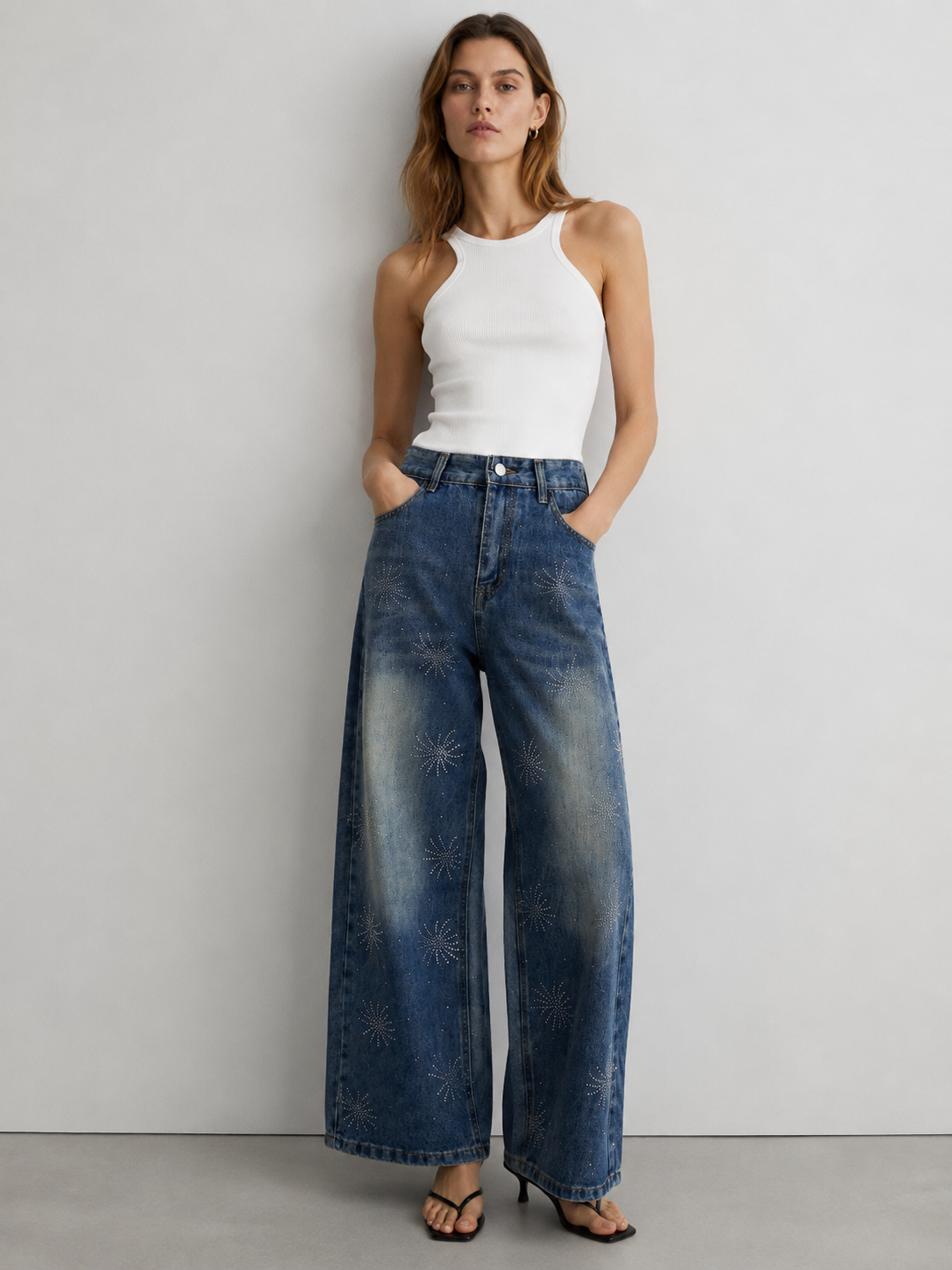 High Waist Rhinestone Star Pattern Wide Leg Jeans Fashion Blue Denim Trousers ZY5103