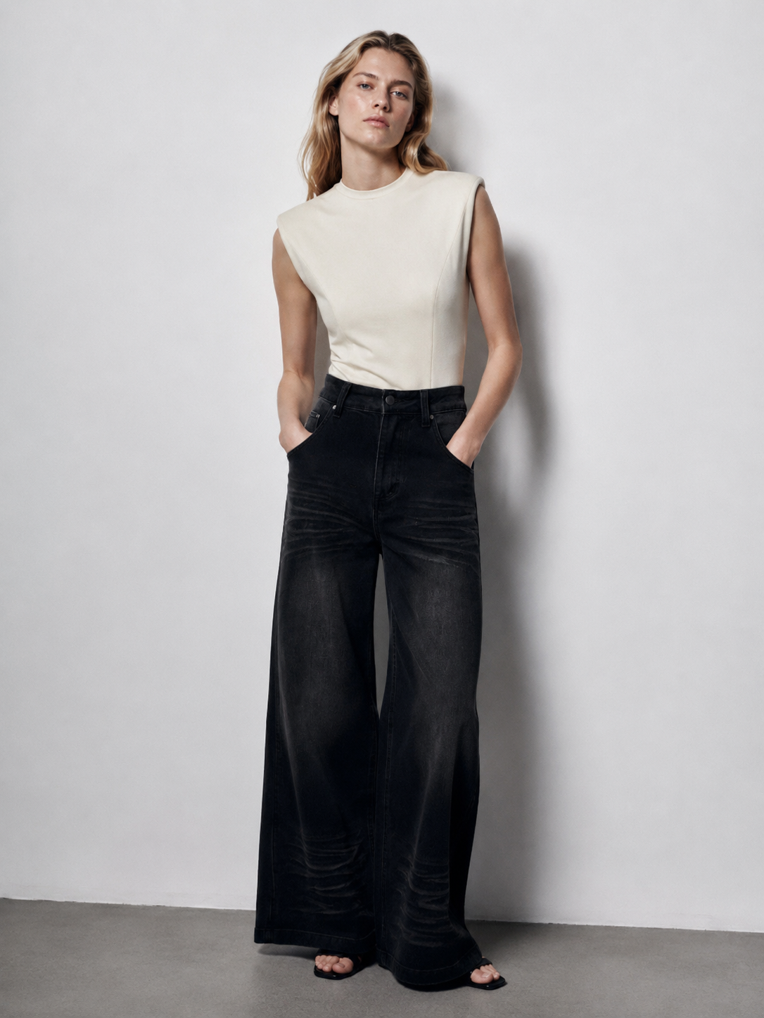 Retro 90s Style High Waist Wide Leg Jeans Washed Grey Relaxed Fit Denim ZY6022