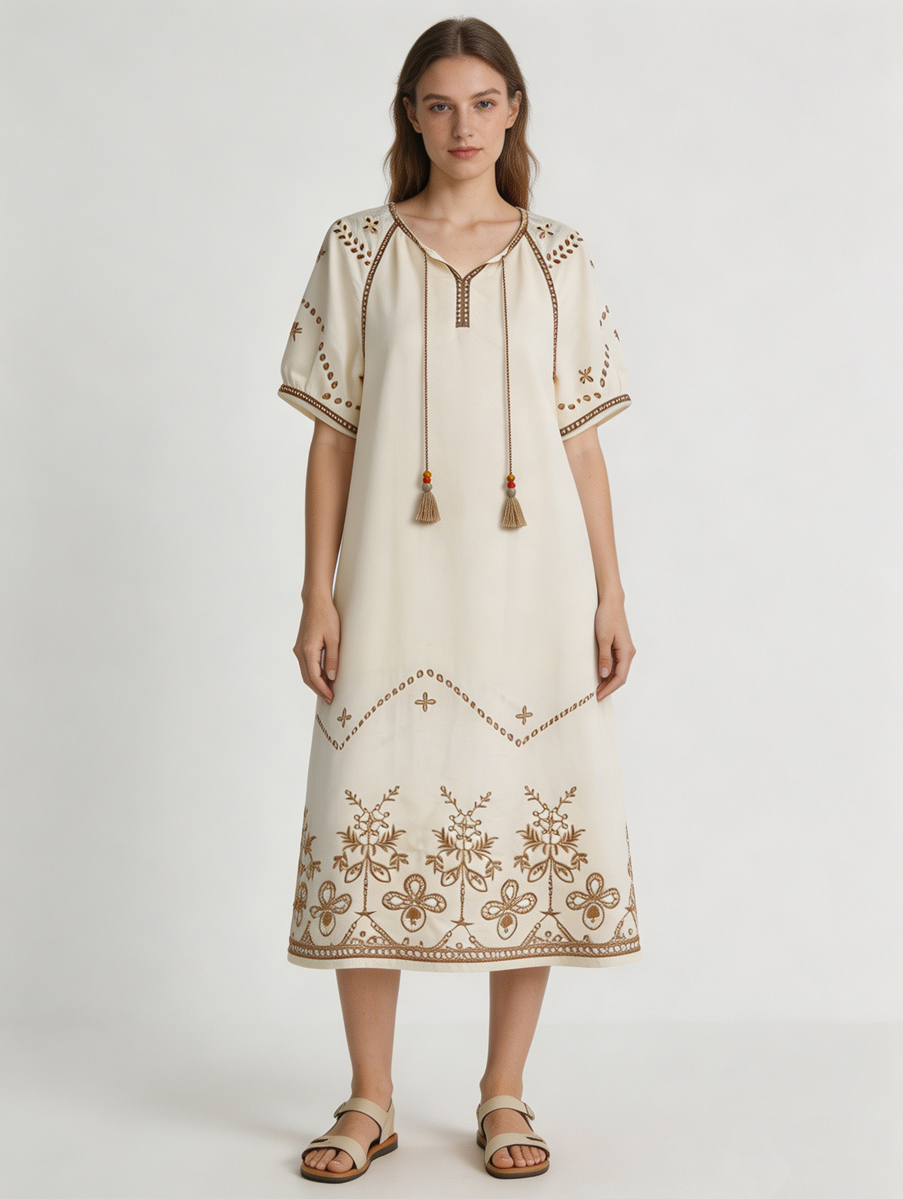 Elegant Ivory Embroidered Long Gown - Vintage Style with Beaded Neck Tassels W-42676