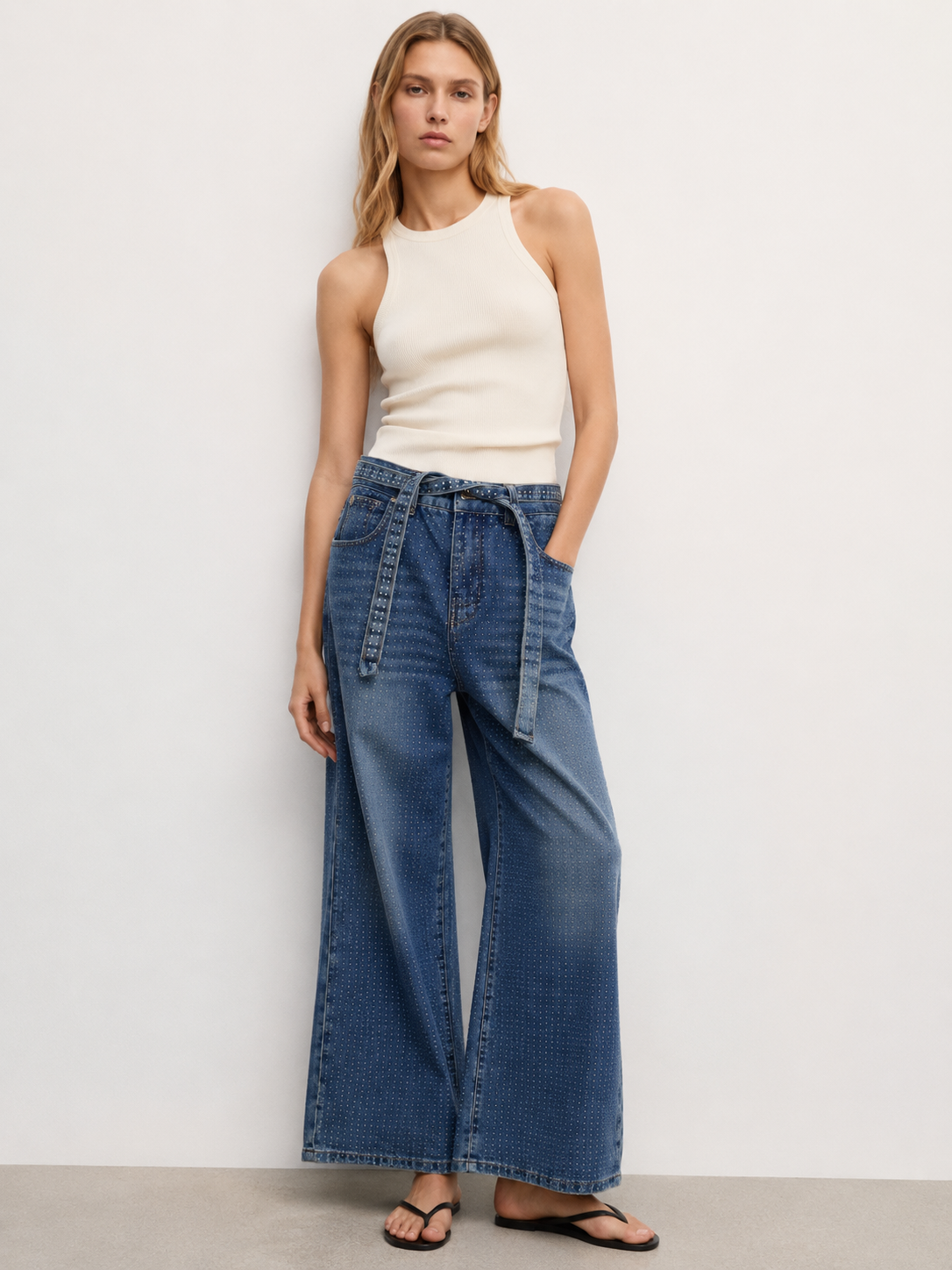Women's Glam Rhinestone Baggy Wide Leg Denim Pants ZY6061
