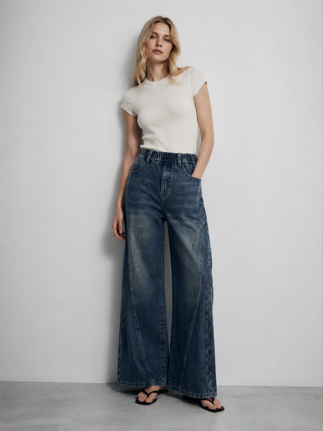 Mid-Wash High Waist Elastic Waist Wide Leg Panelled Jeans ZY6065