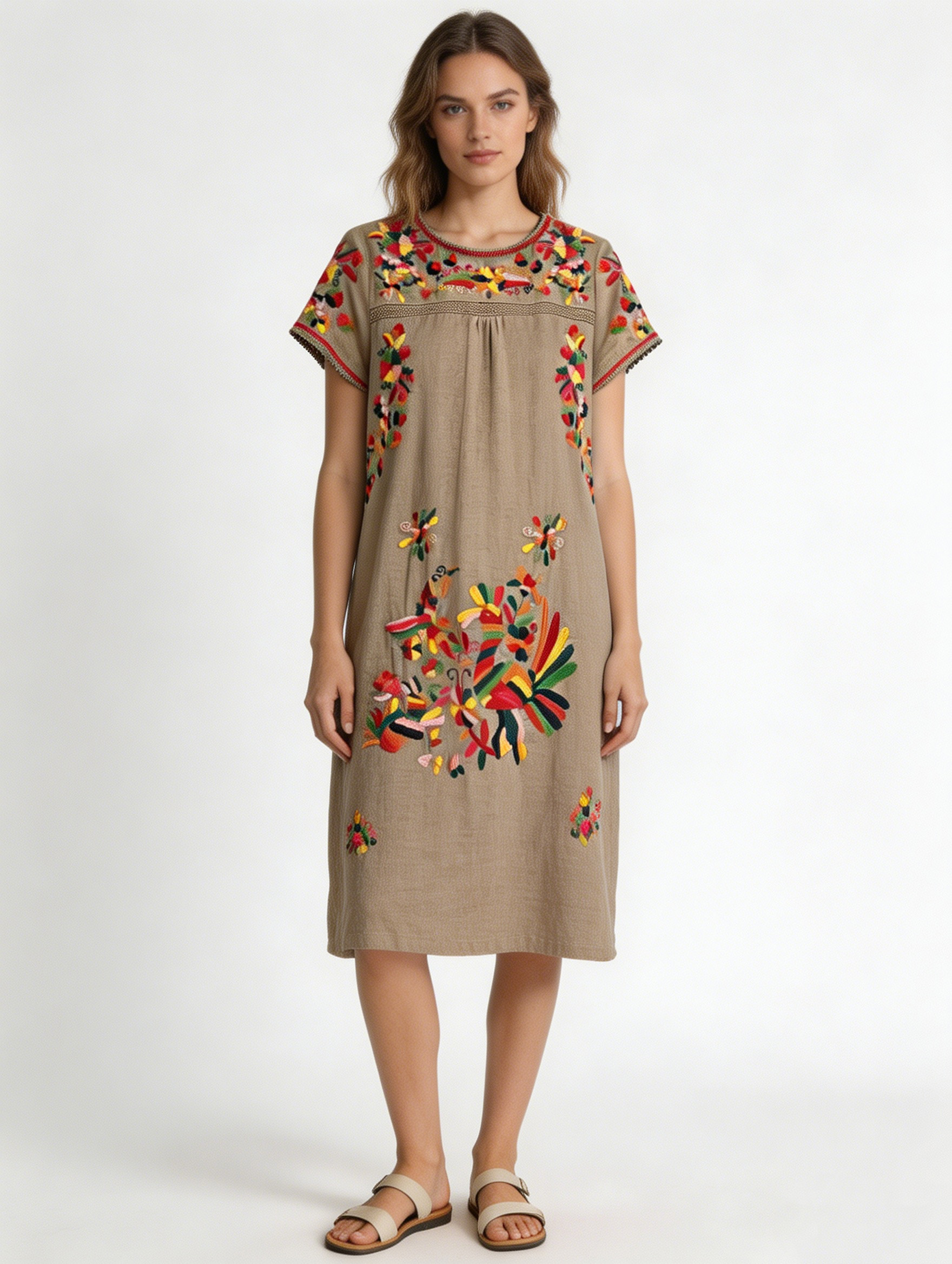 Summer Resort Linen-Look Midi Dress - Handcrafted Floral Pattern on Earthy Tone W-42704