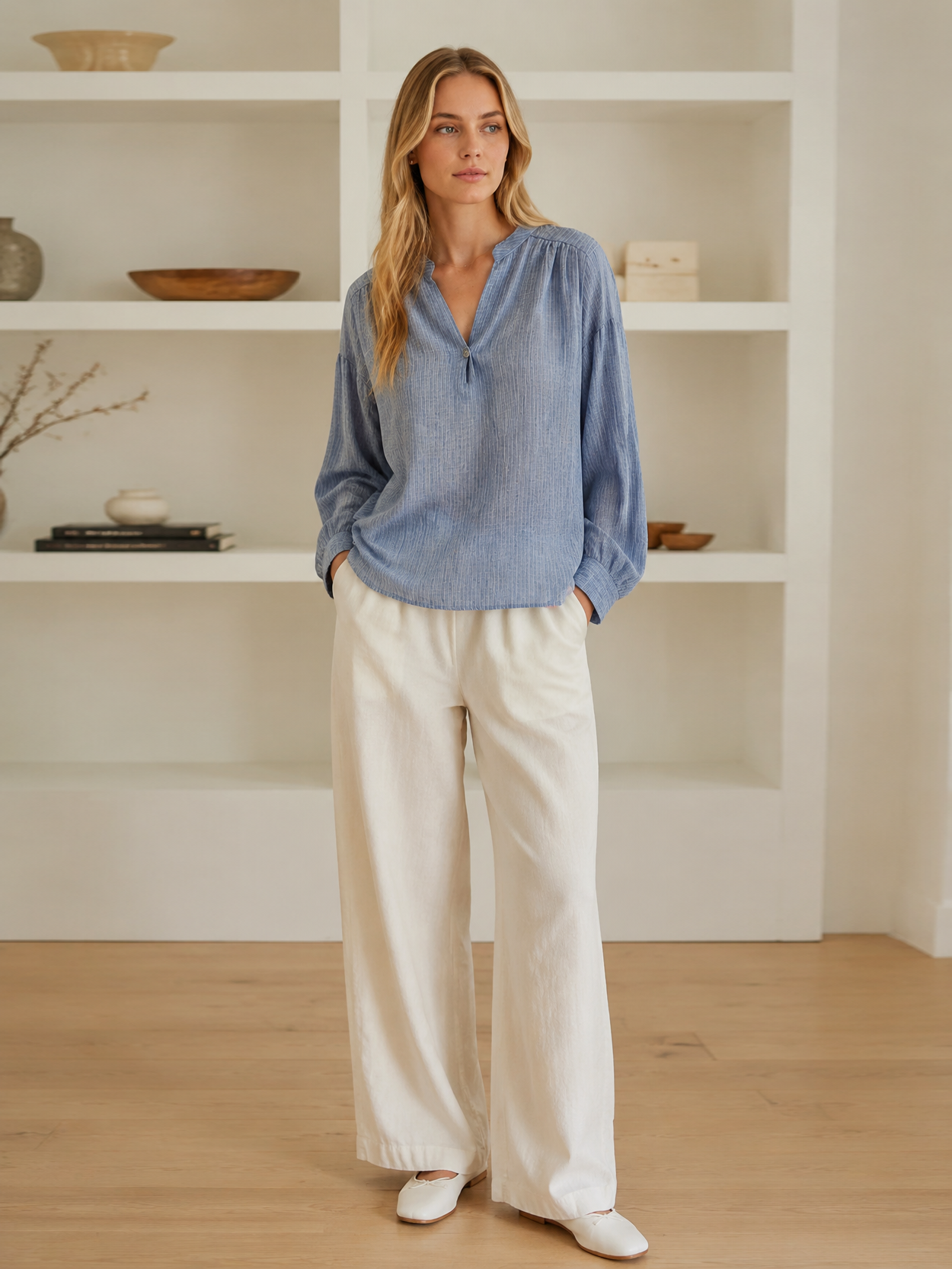 Textured Cotton Blouse – Casual V-Neck Balloon Sleeve Loose Fit Summer Top AN-121002