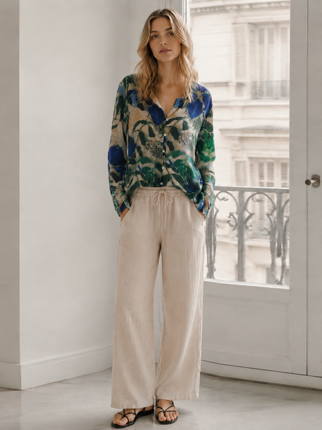 Floral Print Linen Blend Shirt – Casual V-Neck Button Down Loose Fit Resort Blouse AN-121007