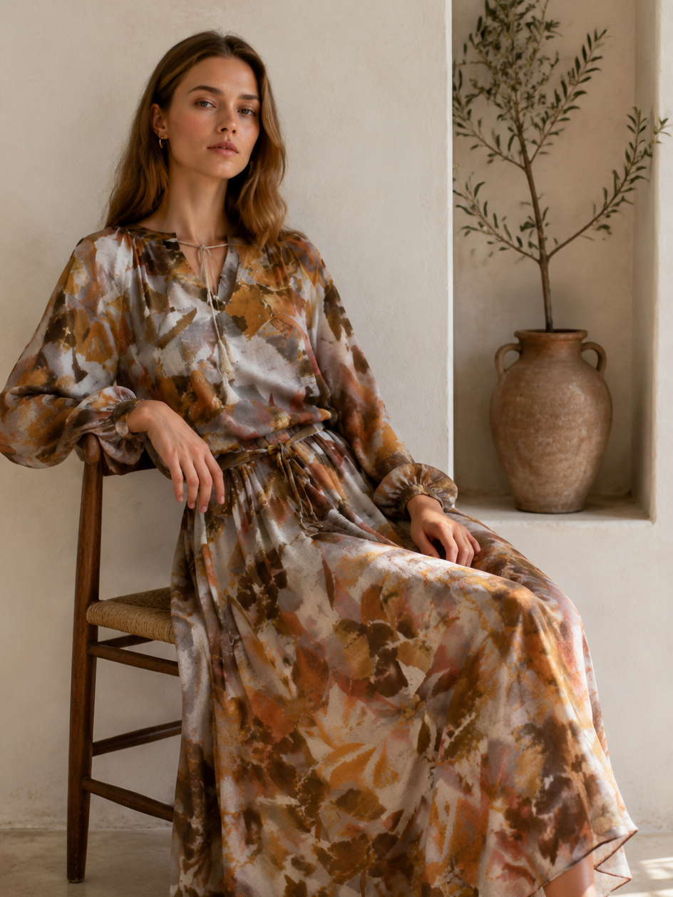 Boho Floral Maxi Dress – V-Neck Tassel Tie Loose Fit Long Sleeve Resort Dress AN-121008