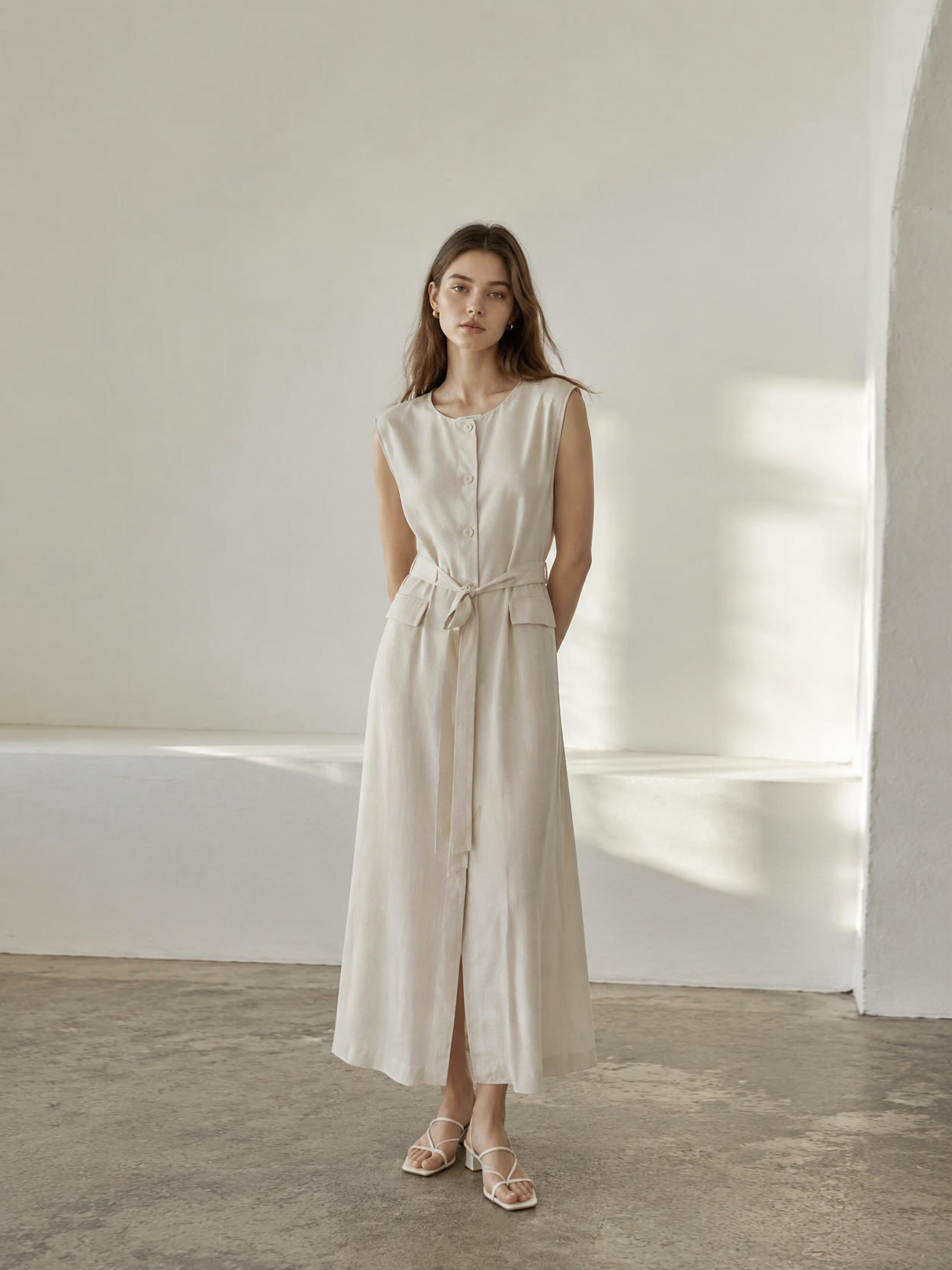Quiet Luxury Linen Look Sleeveless Button Down Midi Dress with Belt AN-121011