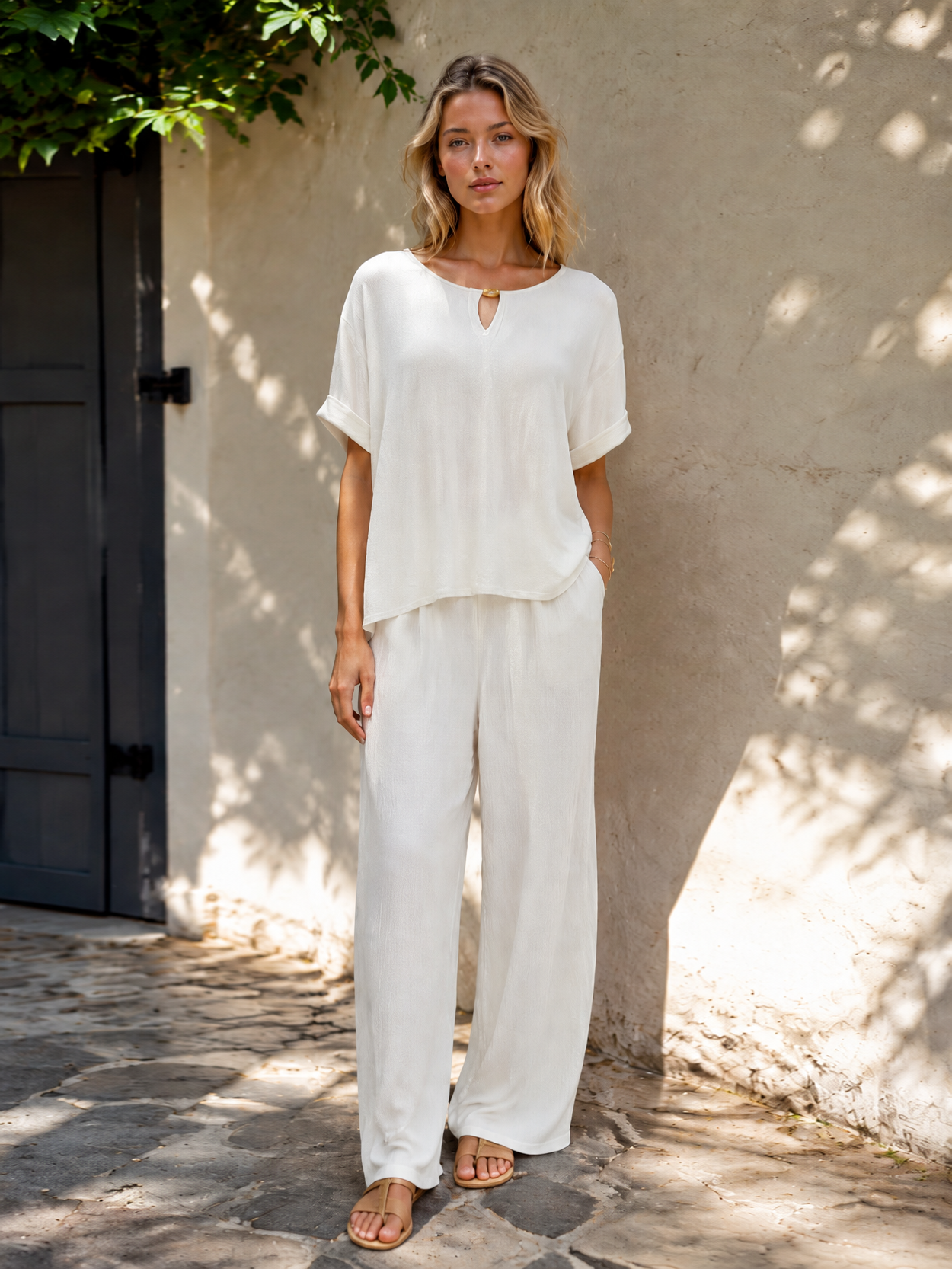Minimalist V-Neck Keyhole Blouse Metal Ring Detail Relaxed White Top AN-121015