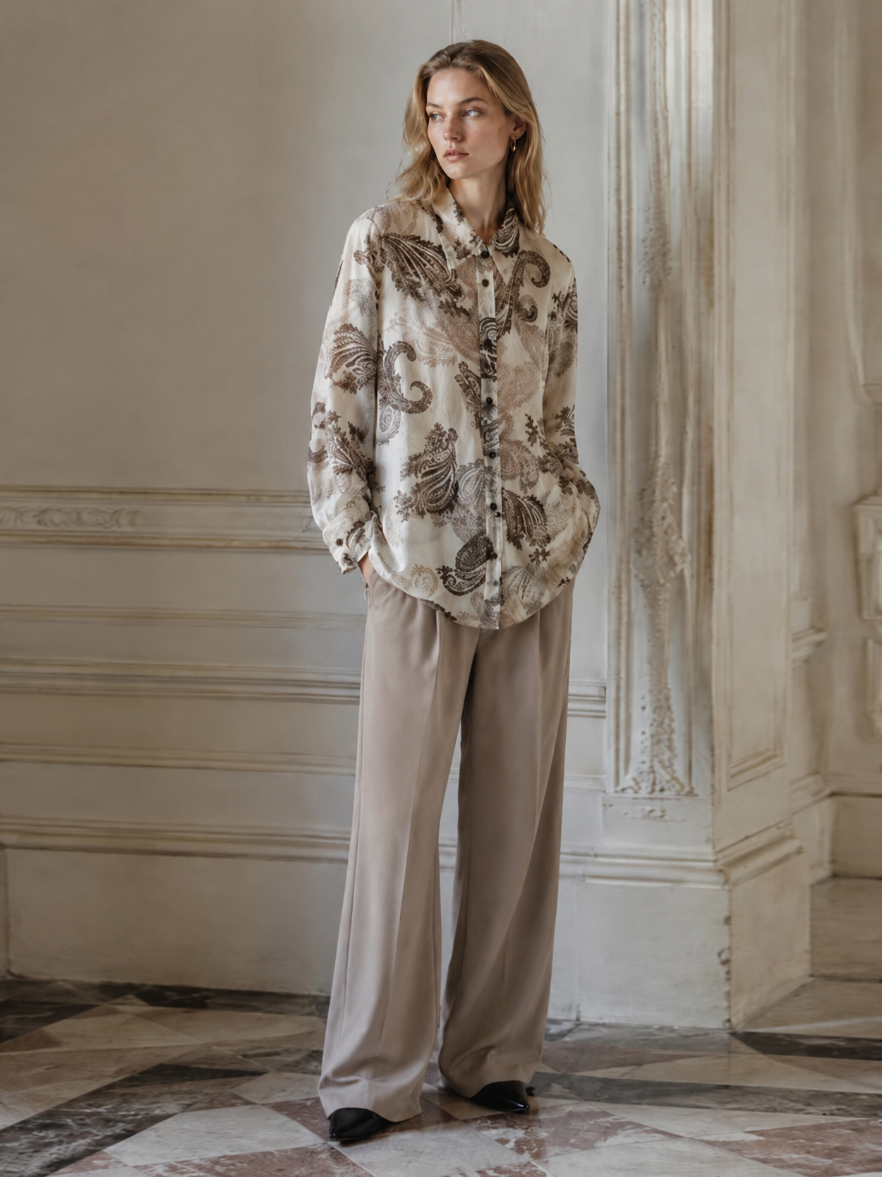 Vintage Paisley Print Linen Blend Long Sleeve Shirt AN-121023