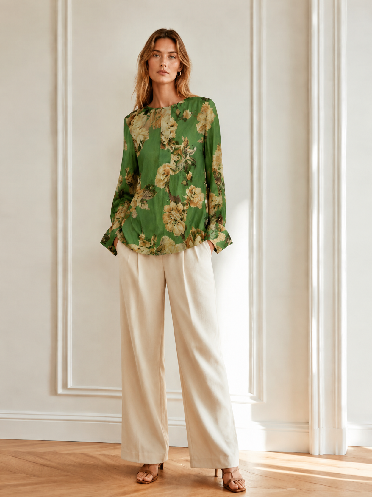 Minimalist Floral Print Long Sleeve Blouse - Premium Linen Look AN-620018