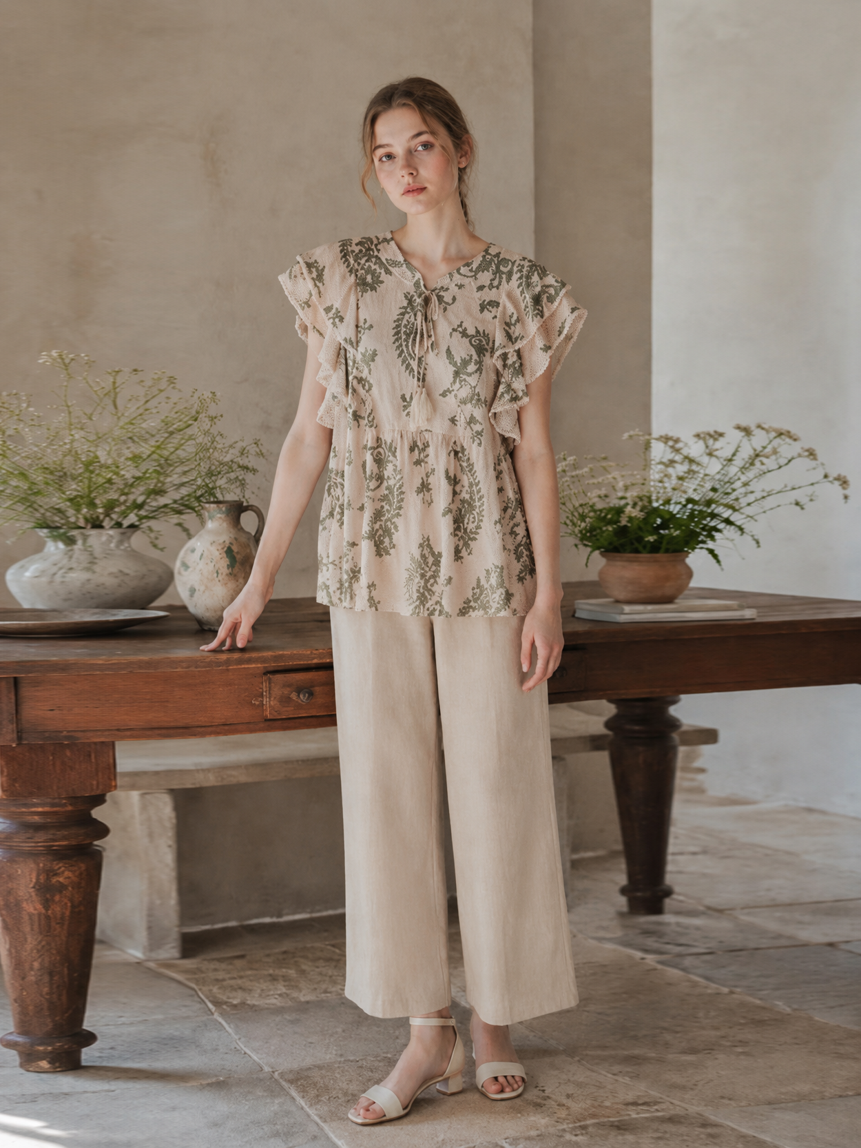 Boho Beige Paisley Print Blouse - Ruffle Sleeve Relaxed Fit Top  AN-710027