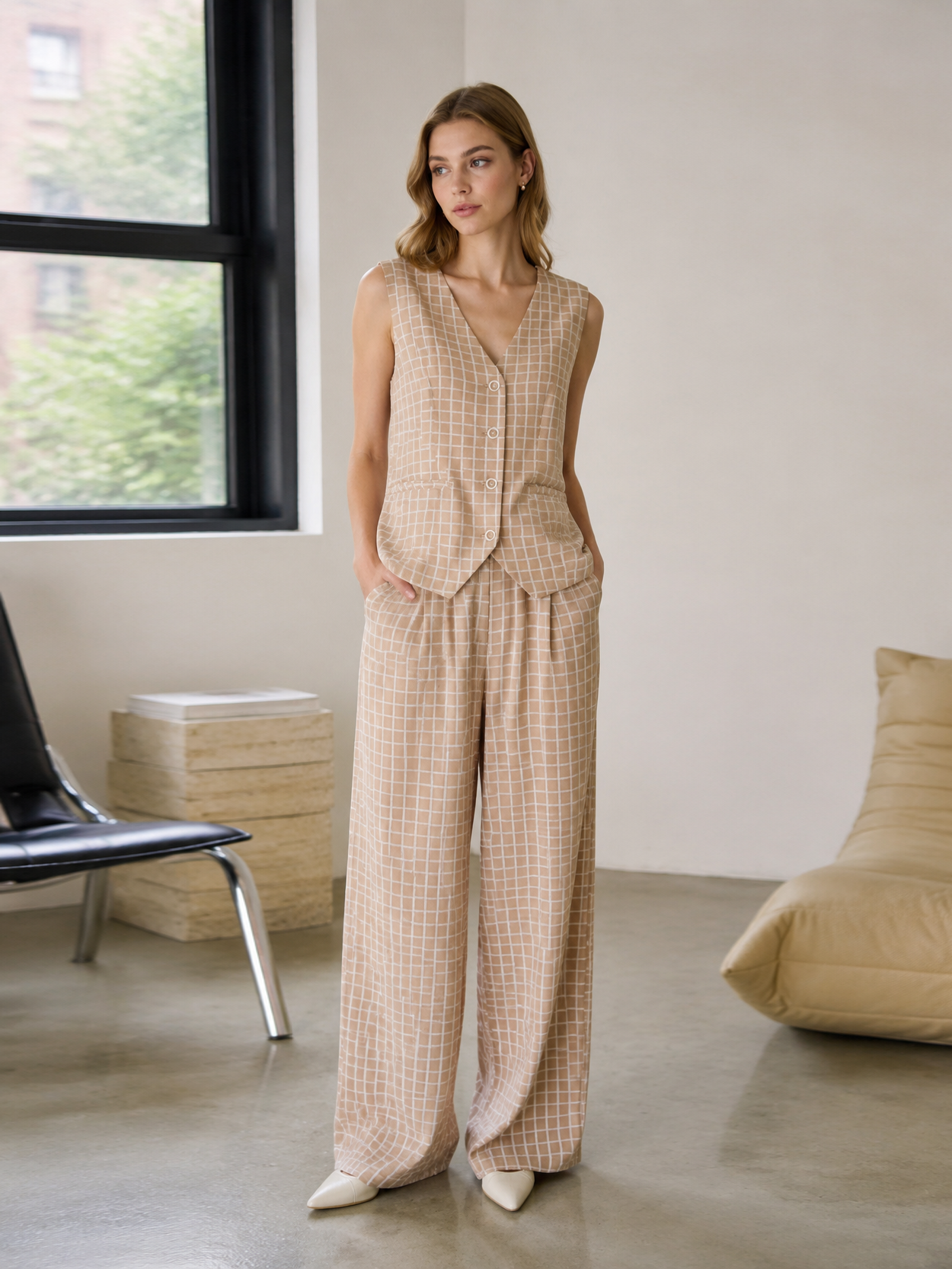 Minimalist Grid Print V-Neck Layering Vest AN-710012