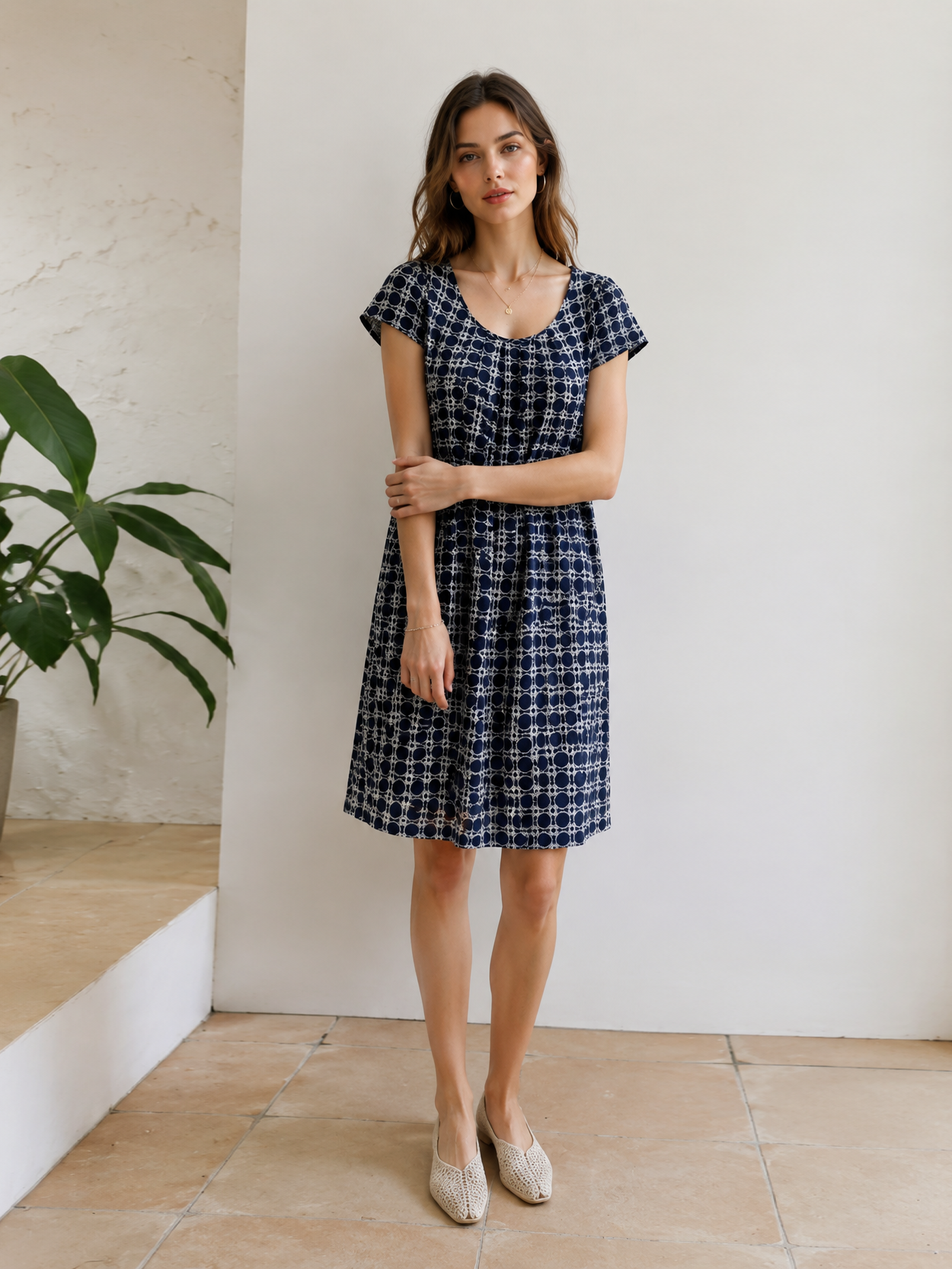 Retro Navy Geometric Print Dress - Round Neck Relaxed Fit Shift Dress  AN-710015