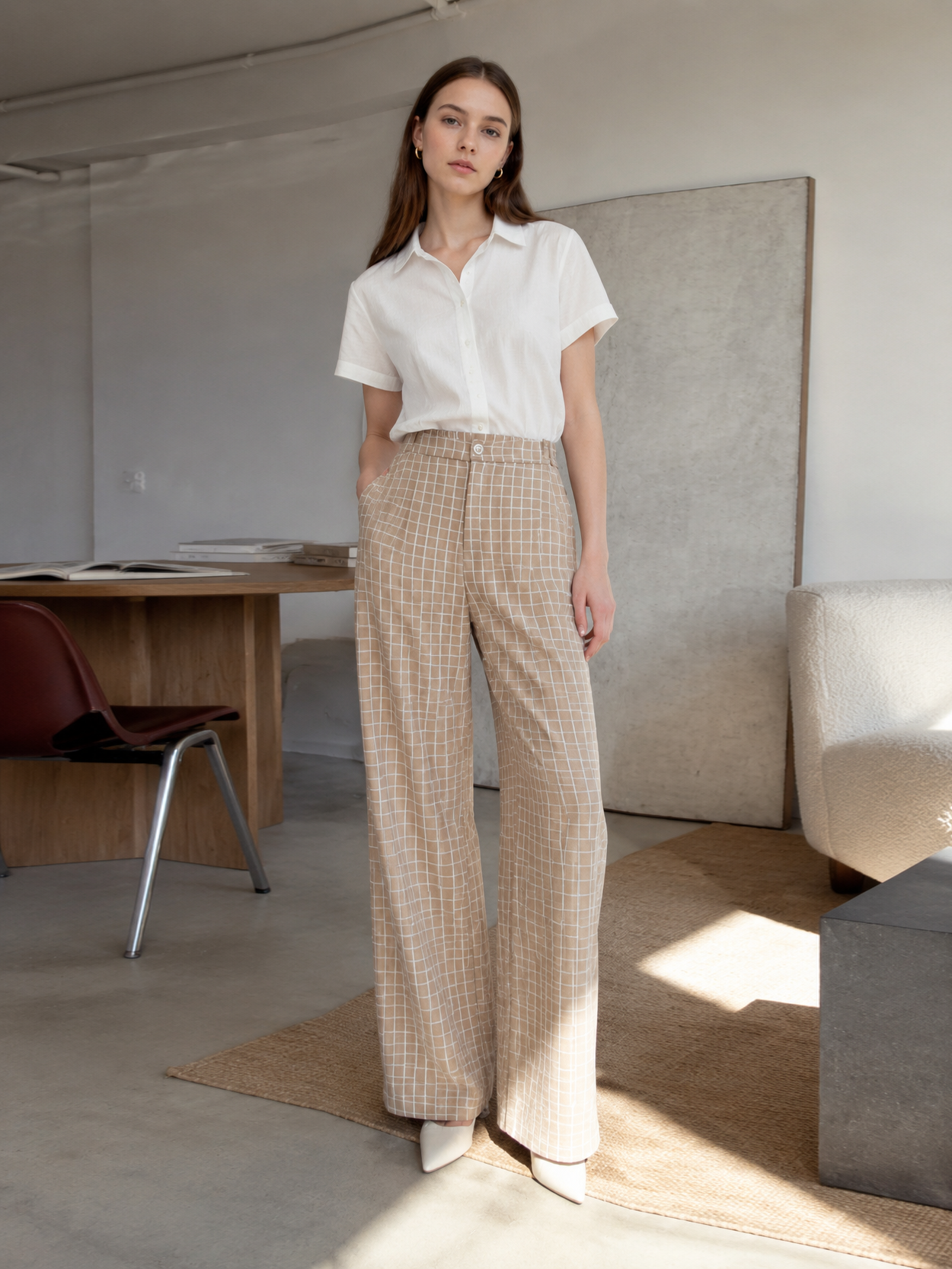 Minimalist Blue Grid Print High-Waisted Trousers AN-710016