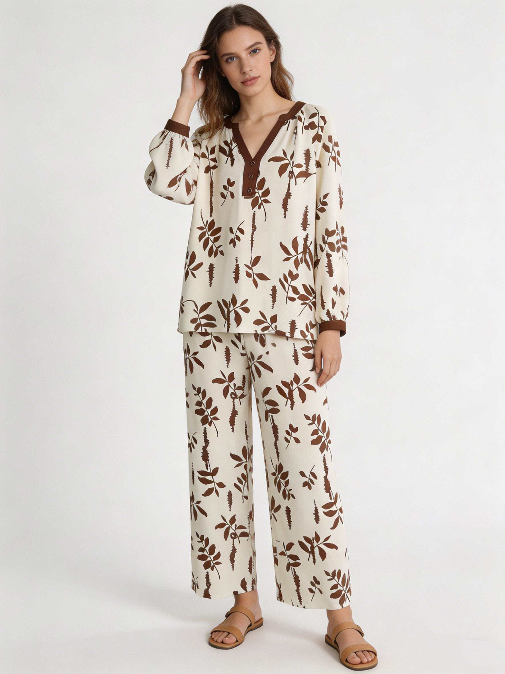 Women’s Boho Leaf Print Long Sleeve Top & Wide Leg Pants Set AN-760007+AN-760009