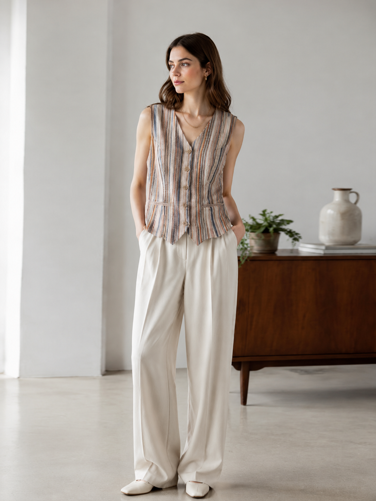 Oriental Style Multicolor Stripe Suit - V-Neck Vest & High Waist Trousers D-42125