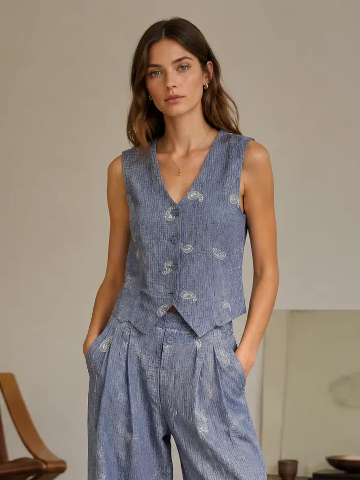 Paisley Embroidered Linen Tailored Vest AN-710028