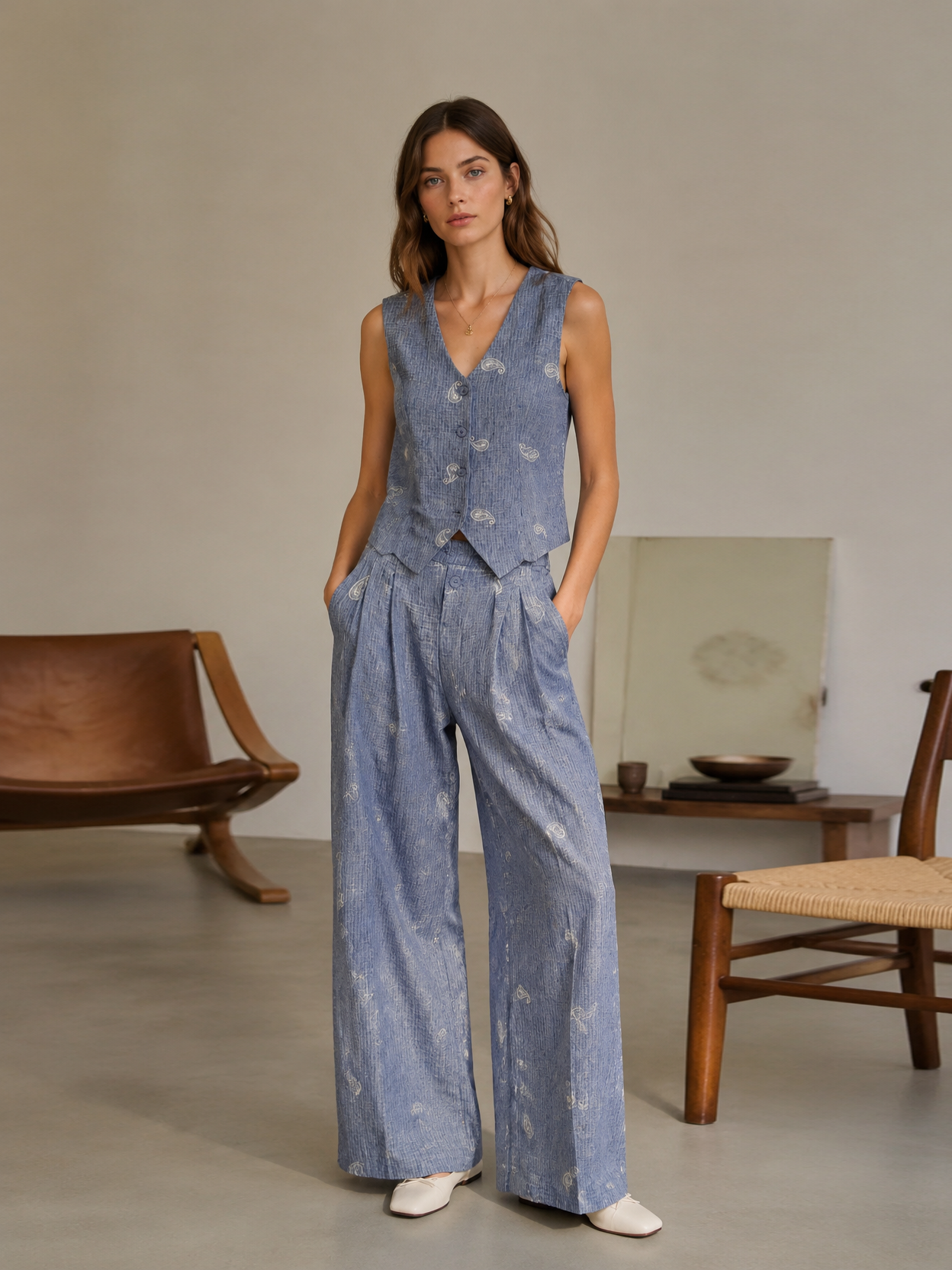 Paisley Embroidered High-Waisted Linen Pants AN-710029