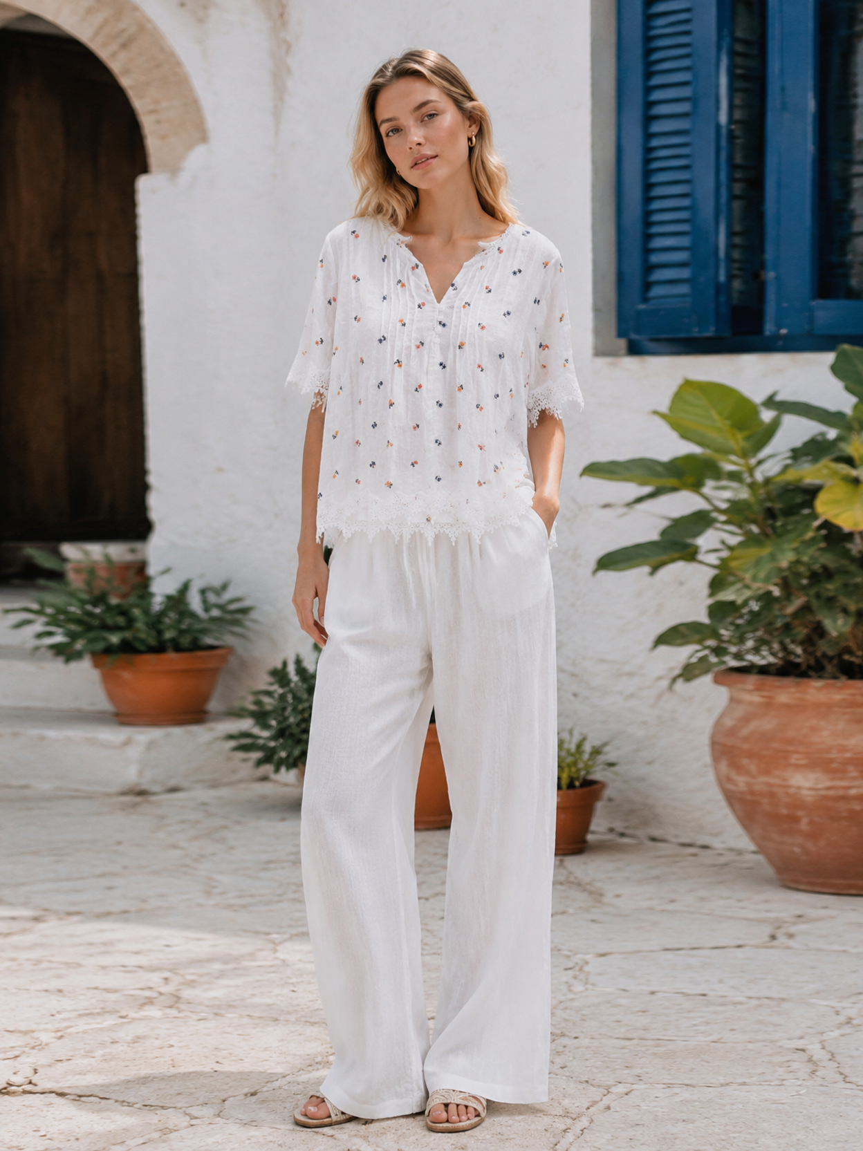 Minimalist White Floral Embroidered Lace Trim Top AN-750005