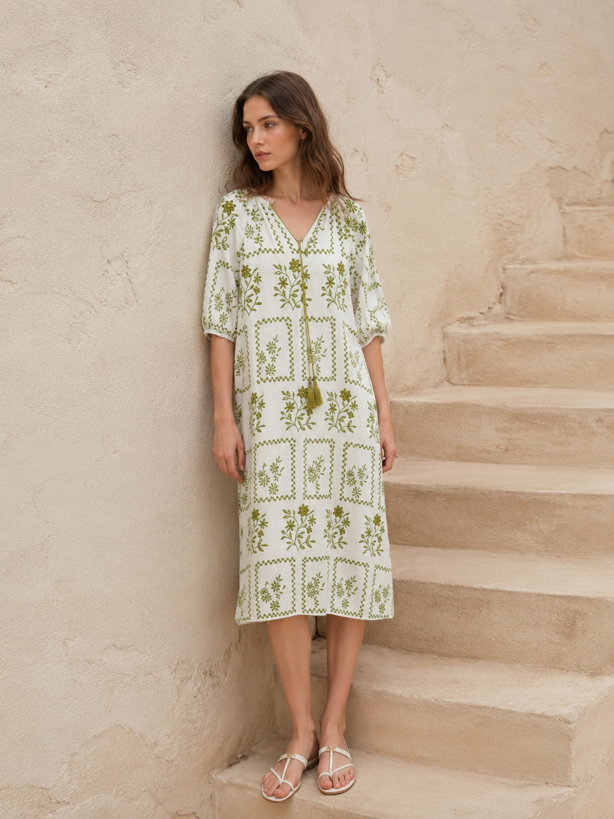 Minimalist Boho Floral Embroidered Maxi Dress with Tassel Neckline AN-750009