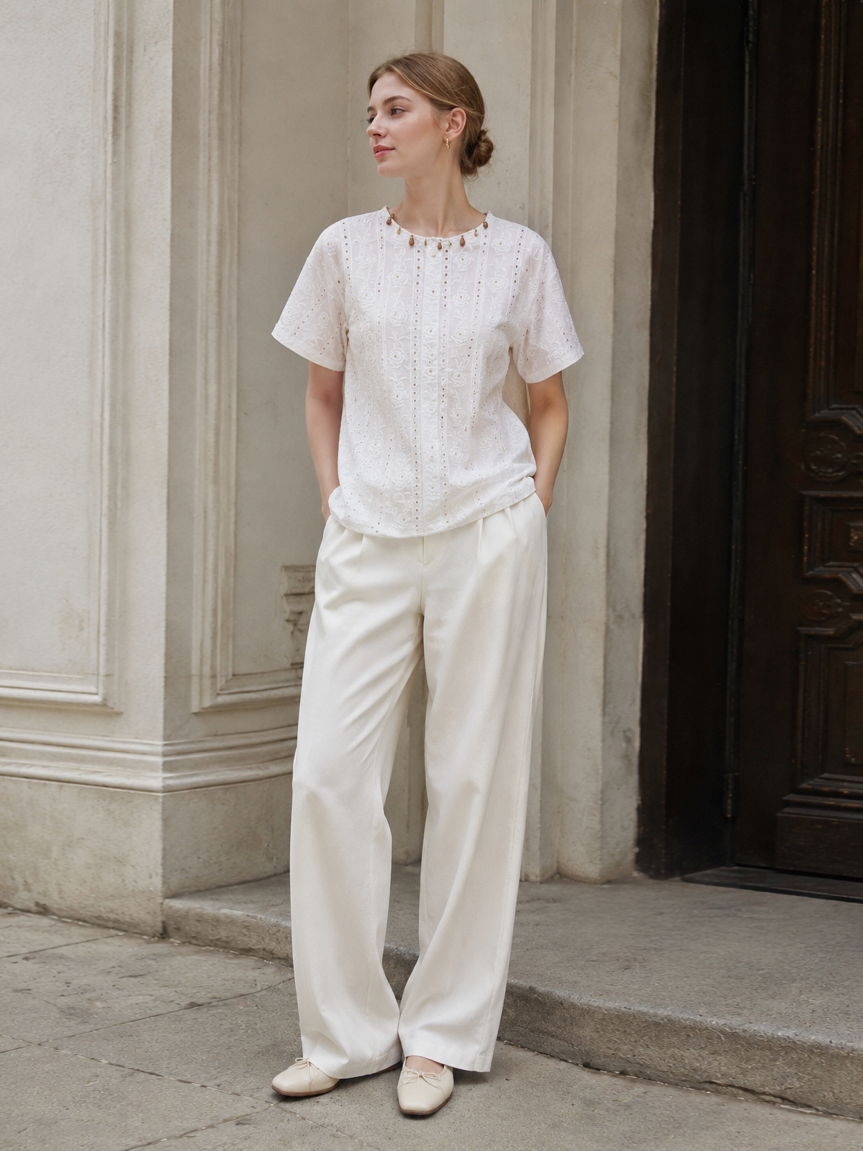 Minimalist Embroidered Eyelet Blouse with Beaded Trim AN-750013
