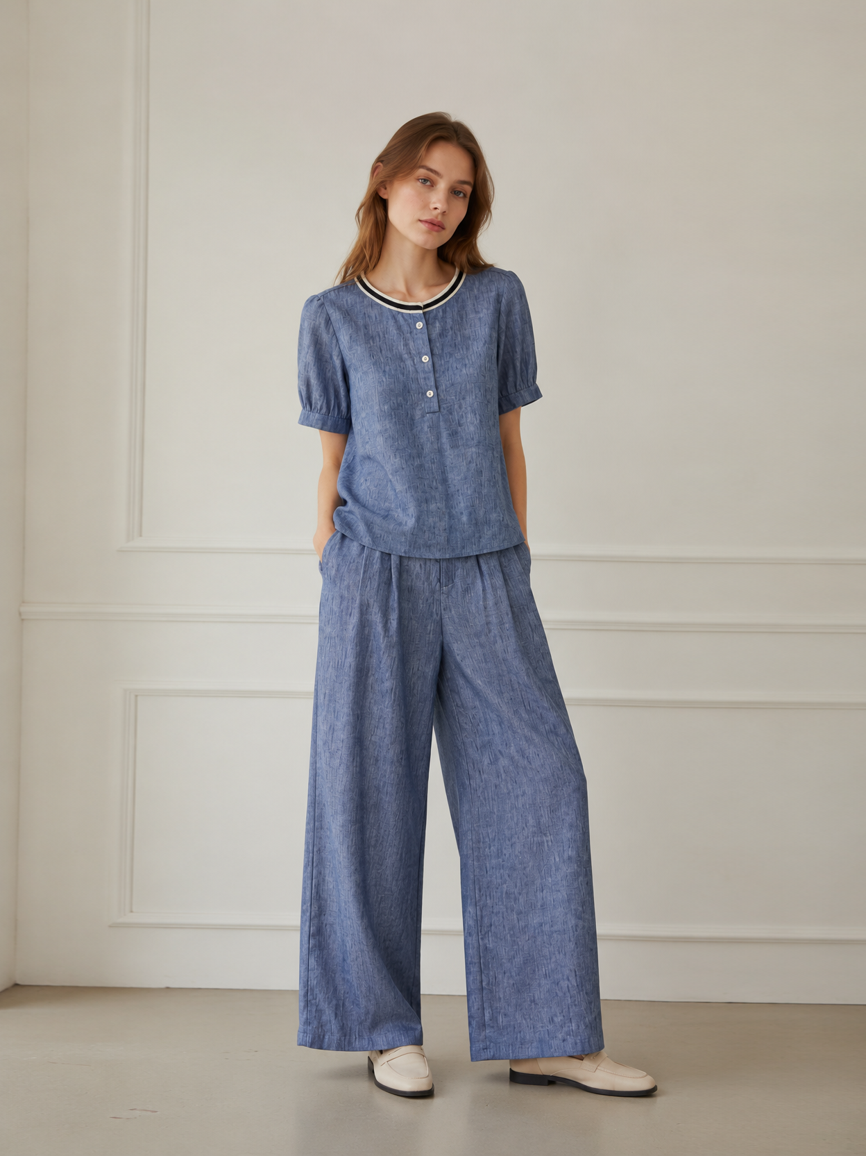 Minimalist High-Waisted Linen-Blend Wide-Leg Pants AN-750017
