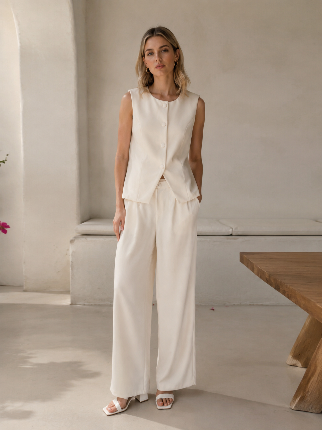 Elegant Light Vest & High-Waisted Wide-Leg Pants Set LA-710009