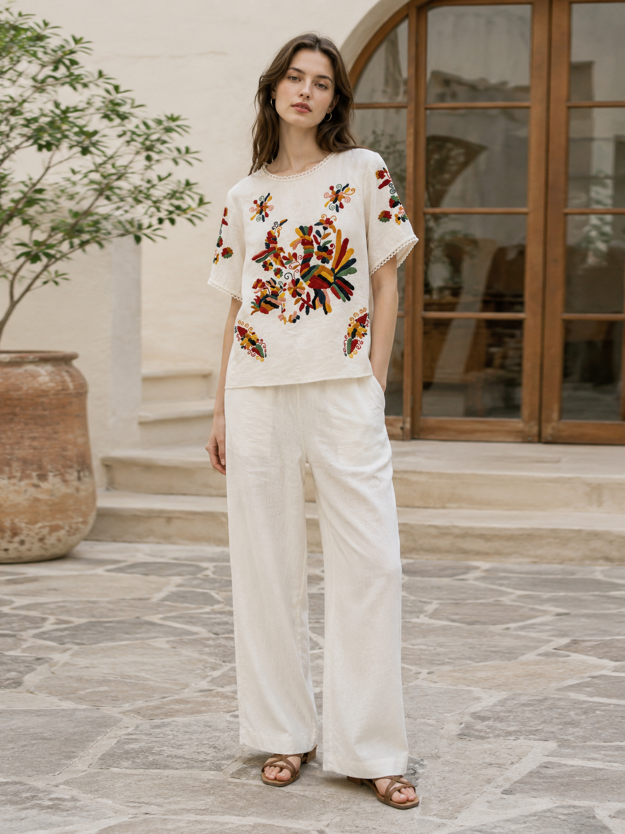 Floral Embroidered Boho Blouse with Lace Trim LA-750002