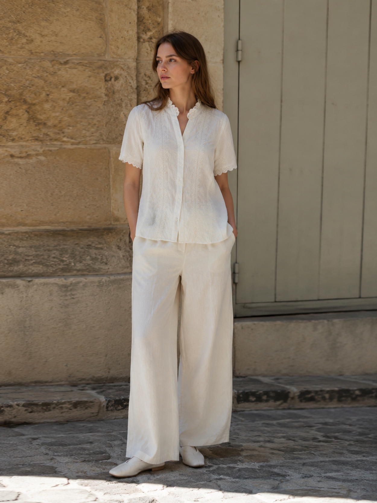 Linen-Blend Blouse with White Lace & Embroidery LA-810001
