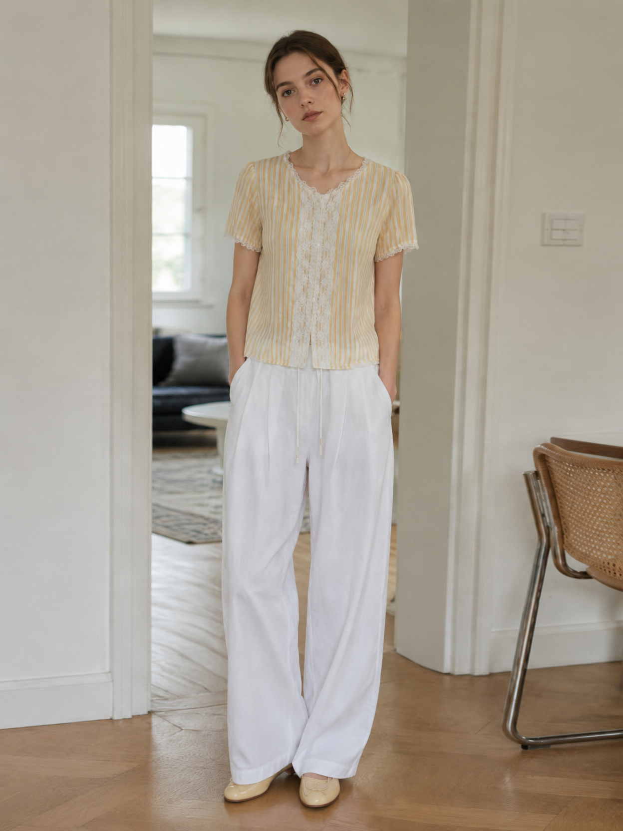 Elegant Striped Blouse with White Lace Details LA-810002