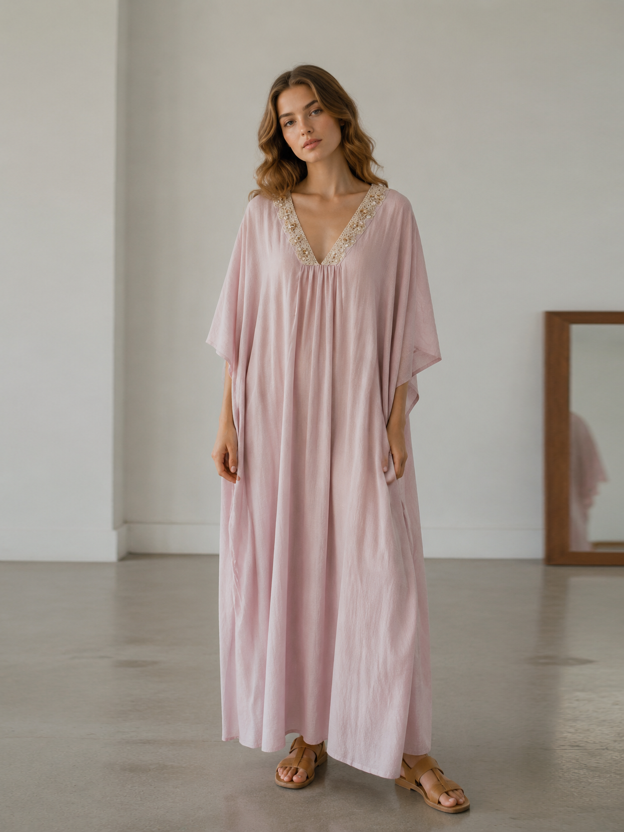Linen-Blend Kaftan Dress with Shell & Lace Neckline LA-810005
