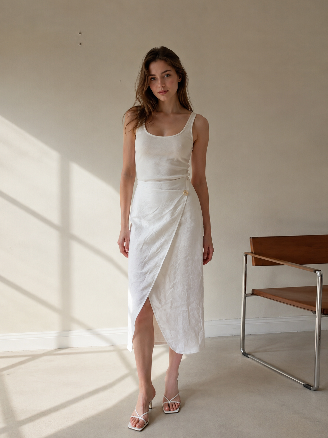 English: Minimalist Linen-Blend Wrap Midi Skirt with Asymmetrical Button AN-620037